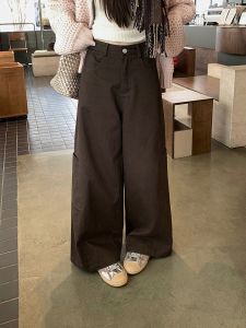 Korean Style Brown Slimming Relaxed Straight Wide-leg Pants for Women Autumn