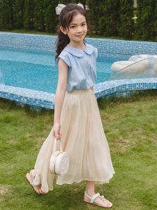 Princess Style Girls Long Skirt Summer Fashionable Half-length Bowed Polyester Skirts for Ages 5-13 Kids Girls Clothing