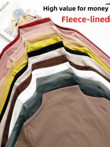 Warm Fleece Lined High Collar Slim Fit Long Sleeve T-Shirt Pure Color Base Layer Shirt Korean Style Commute Pattern