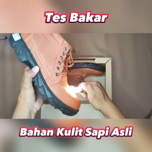 Kulit Sapi Aseli -  Sepatu Safety Pria Boots Ujung Besi Outdoor Tracking Touring Hiking  BONUS KAOS KAKI