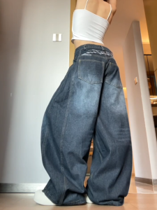 Sweet Cool Spicy Girl American Style Letter Embroidery Knife Edge Jeans Women Loose Slim High Waist Wide Leg Pants