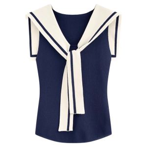 YUEZHONGWEI | เสื้อกั๊กไหมน้ำแข็งถักคอวีสไตล์ฝรั่งเศสสำหรับผู้หญิงในฤดูร้อน เสื้อคลุมไหล่สั้นทรงเข้ารูป แขนกุด สไตล์วิทยาลัย