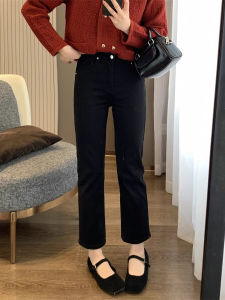 กางเกงยีนส์ทรงตรงเอวสูงสำหรับผู้หญิง ฤดูหนาวปี 2024 กางเกงขายาวทรงขากระบอกสั้นทรงเข้ารูป ทรงหลวม ผ้าฝ้ายผสมยืดหยุ่น