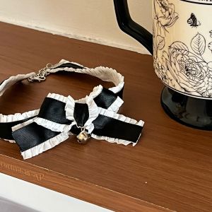 Black White Butterfly Knot Bell Choker Sweet Female Servant Style Necklace Lolita Pendant Alloy/Dipped Silver/Gold Lockbone Chain Fresh Design Jewelry Accessory