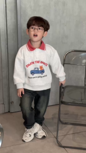 Set bộ polo dài tay bé trai áo polo nỉ họa tiết Enjoy the space quần jean 9 tới 28kg BERNIE H0525B37