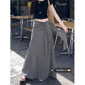Low Waist Plaid Sash Vintage Half Skirt Womens Spring 2025 New A-Line Slimming Fashion Long Dress Korean Style Commute