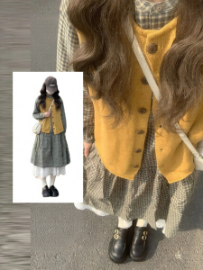 XUECAIQI | Spring Matching Japanese Vintage Vest Plaid Long Sleeve Dress Set
