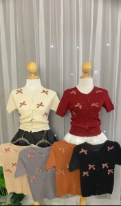 (CF0721) เสื้อไหมพรมแขนสั้น เปิดกระดุม แต่งโบว์เล็กน่ารักเข้าชุดง่าย #15042