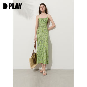 D-PLAY | Đầm Xanh In Họa Tiết Cổ V Rỗng eo Dáng A