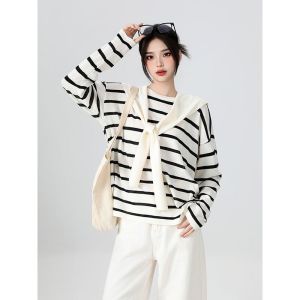 Ladies Loose Knitted Sweater Striped Patchwork Lazy Style Womens Fashion Shoulder Design Autumn Inner Wear Base Shirt Top