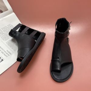 Summer Womens Sandals Toe Covering Flat Bottom Buckle Breathable Soft Sole Back Zipper Retro Roman Style Trendy Shoes