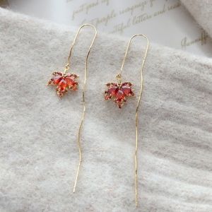 Red Zircon Maple Leaf Ear Wire New Chinese Style Elegance Womens Fashion Jewelry Accessories Handmade Crafted Alloy Ear Decor