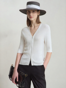 AMII | Elegant Business Casual V-Neck Zippered Middle Sleeve Knit Cardigan