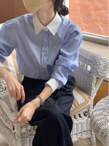 Early Autumn Commute Style Loose Fit Blue Casual Long Sleeve Shirt Womens Polo Collar Button Detail Cotton Blend Top