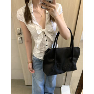 YUEZHONGWEI | French V-neck Bow Tie Polka Dot Short Sleeve Shirt Womens Summer Design Slim Fit Short Length Top Waist Cinching Korean Style