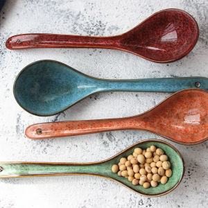 Retro Four-Color Ceramic Large Soup Spoon Long Handle Porcelain Underglaze Soup Spoon Rice Porridge Hot Pot Spoon Home Use