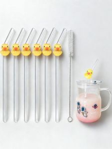 1/6PCS Fashion Yellow Duck Glass Straw | Reusable Curved Design for Iced Coffee Boba & Cocktails | Chic Accent for Travel