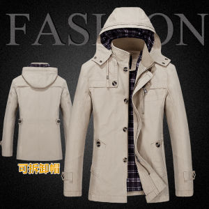 Spring and Autumn Mens Duster Pure Cotton Button Casual Outwear Middle-Aged Autumn Clothes Raccoon Mid Length Long Length Coat Hooded Jacket
