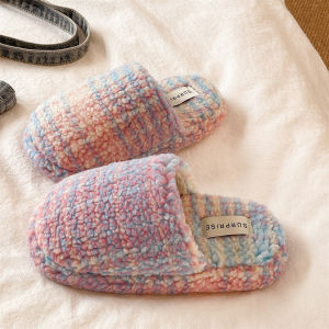 Furry Slippers Anti-slip Indoor Fashionable Rainbow Contrast Color Thermal Slippers