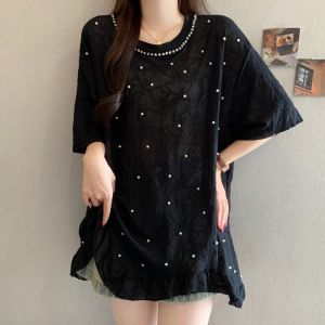 AIYITI | Beaded Lace Black Short Sleeve T-Shirt