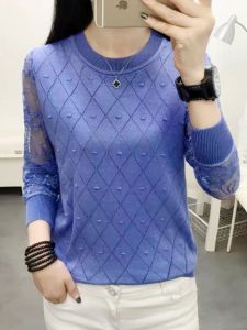 round Neck Lace Bottoming Shirt Loose Long Sleeves Knitwear Pullover Sweater Female Cut Out Spring & Fall New Versatile Top Tide