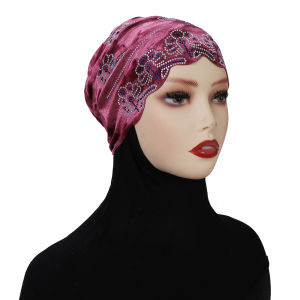 Jifang Elastic Soft Velvet Rhinestones Flower Floral Muslim Hijab Inner Cap PW105