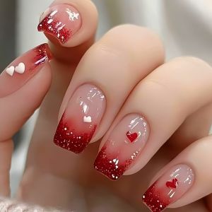 24pcs/set short Medium square fake naills gradient red glitters with heart design for Valentines Day wedding press on nail art