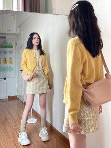Soft Yellow Long Sleeve Knitted Sweater Womens Loose Fit Spring New Style Gentle Wind Short Cardigan Outerwear Korean Style
