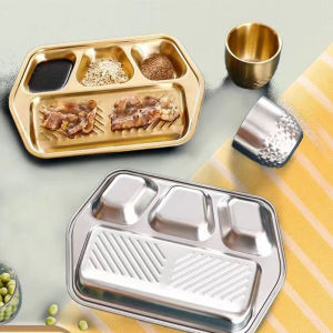 Stainless Steel 4 Compartment Divided Tray Plate Food Serving Dish Snack Dinner Dipping Plate Korean Barbecue Seasoning Grid Plate