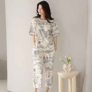 MiiOW | ชุดนอนผ้าฝ้ายแท้ 100% สำหรับผู้หญิง ชุดนอนฤดูร้อนบางๆ แขนสั้น กางเกงขาสั้น ใส่ไปข้างนอกได้ ชุดนอนสบายๆ สำหรับฤดูร้อน