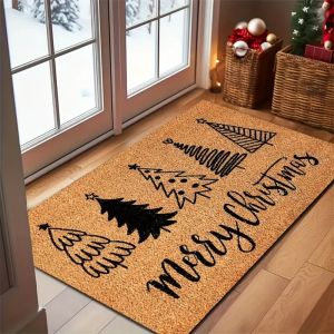 1pc Merry Christmas Black Cedar Tree Gold Doormat Durable Machine Washable Rectangular Floor Mat for Indoor-Outdoor Porch Decor