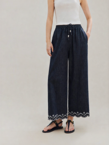 INMAN | Relaxed Fit Embroidered Drawstring Denim Wide Leg Cropped Pants