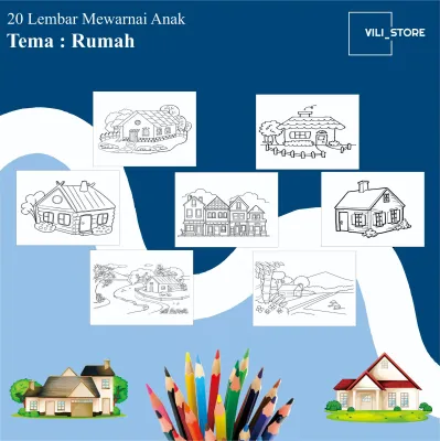 20 Lembar Kertas mewarnai Rumah untuk anak paud TK dan SD