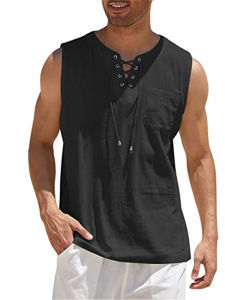 Mens Solid Color Vest Shirt Cotton Linen Short Sleeve Tie Waist Pure Color T-Shirt Casual Loose Fit Summer Modern Style