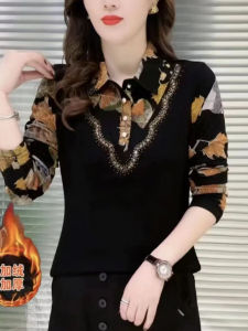 เสื้อเชิ้ตคอปกพับแฟชั่นฤดูใบไม้ร่วง/ฤดูหนาว ผ้าขนแกะหนา ลายพิมพ์ คุณภาพสูง เสื้อเชิ้ตคอกลมแขนยาวสำหรับผู้หญิง