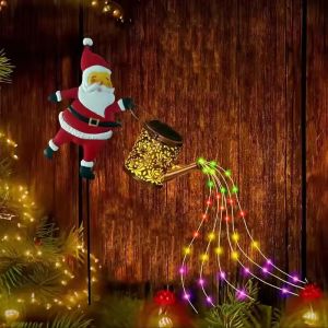 Solar Santa Watering Can Garden Light Colorful LED Christmas Fairy Stake Lamp Outdoor Lawn Courtyard Patio Holiday Decoration