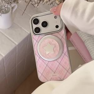 Korean Lattice Cartoon Stars Mirror Magnetic Bracket Phone Case For iPhone 17 Air 16 15 14 13 12 Pro Max Shockproof Hard Cover