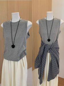 Áo Ba Lỗ Không Tay Màu Xám Chữ I Dành Cho Nữ Mùa Hè Mỏng Thiết Kế Bên Trong Áo Khoác Ngoài Che Chắn Bắp Chân Áo Không Tay