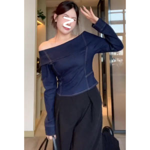 พลัสไซส์ ผู้หญิง เดนิม เสื้อยืดแขนยาวไหล่เดียว สไตล์เกาหลี หลวม Fit Pure Color ฤดูใบไม้ร่วง พรางหุ่น เสื้อท่อนบน สําหรับผู้หญิง