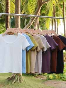 Slim Fit Short Sleeve round Neck T-Shirt Women Summer New Style Pure Color Bm Short Length Hot Girl Tight Top Slimming Effect