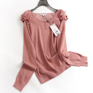 Soft Pure Color Long Sleeve round Neck Womens Knitted Shirt Fashionable Slim Fit Base Layer Top with Shoulder Layering G864