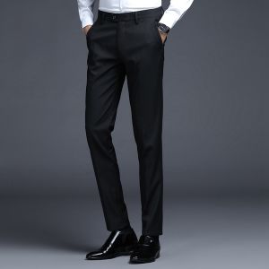 ROMON | Lormen Mens Business Casual Straight Leg Workwear Pants Iron Free Spring Autumn Style Long Trousers Polyester Viscose Spandex