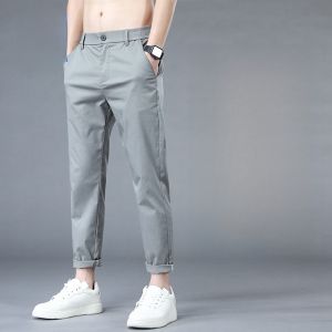 ROMON | Lormen Mens Casual Pants Summer Thin Fashion Loose Straight Ice Silk Quick Dry Sport Elastic Nine-point Pants