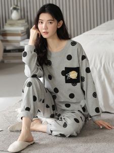 Plandoo Womens Pure Cotton Sleepwear Long Sleeve Long Pants Home Clothes Set Autumn Winter Style Sweet Cute Pattern Print