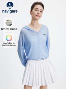Navigare | Blue Linen Knitted Cardigan for Women with Loose Hoodie