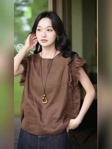Breathable Pure Linen Fashion Round Neck Flutter Sleeve Blouse Women