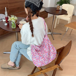 South Korea Ins Backpack Large Capacity Lazy Shoulder Floral Bag Womens Canvas Bag Corduroy Artsy Retro Crossbody Bag