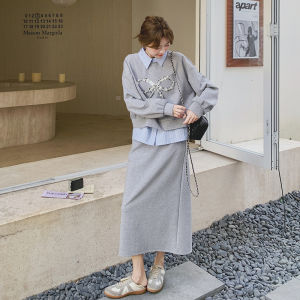 Grey Butterfly Knot Sweatshirt Set Skirt Casual Ageless Striped Shirt Half-length Skirt Three-piece Set Polyester Fiber Long Sleeve