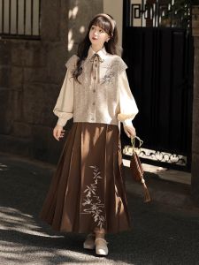 Original Designer Gift Pomegranate Hanfu Womens New Chinese Style Vest Shirt Horse Face Skirt Autumn Winter Set Polyester Fiber