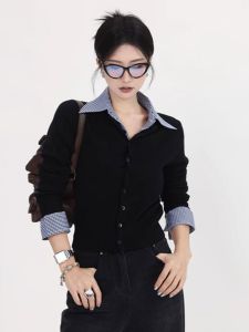 Áo Khoác Len Dệt Kim Nữ Cổ Polo Kẻ Caro Ôm Vừa Vặn Áo Khoác Ngoài Mùa Thu Đông Áo Sơ Mi Hai Mảnh Giả Áo Chui Đầu Dài Tay